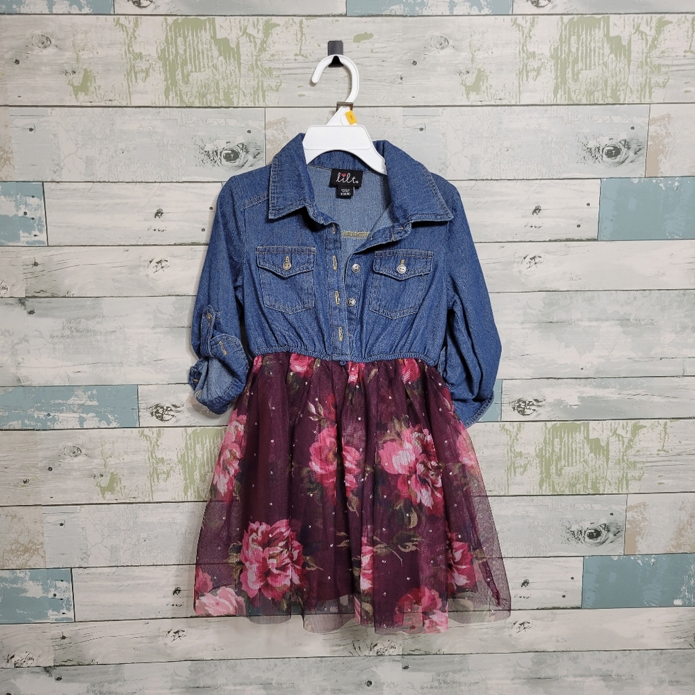 Girls' Lilt 3/4 Roll Sleeve Denim and Tulle Dress